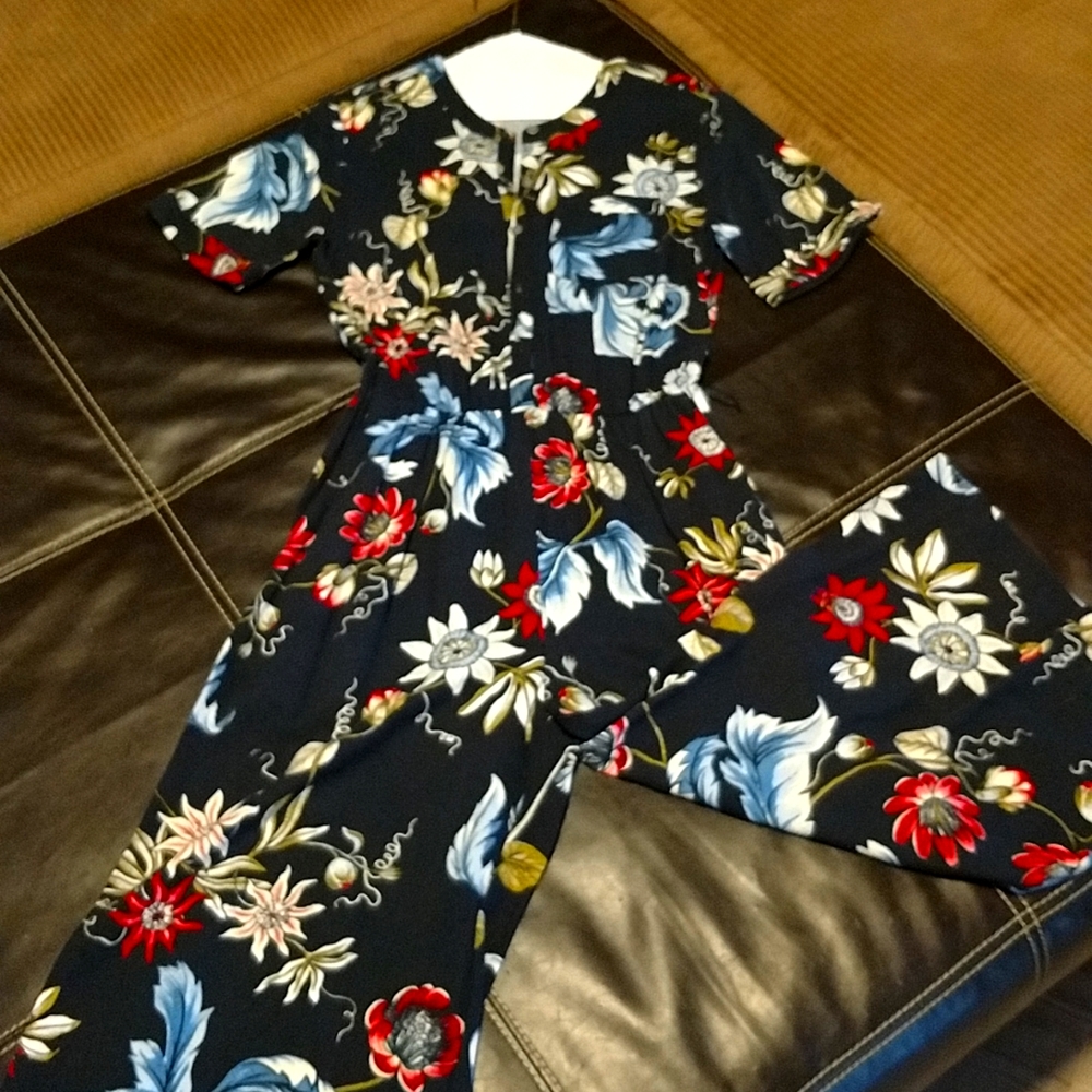 Ann Taylor Navy floral jumpsuit with matching belt